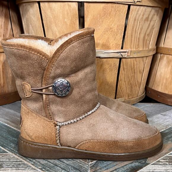 Minnetonka Native Medallion Brown Suede Shearling Fur Pull On Boots Women Size 6 - Picture 1 of 12